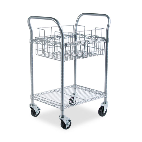 Picture of Dual-Purpose Wire Mail and Filing Cart, Metal, 1 Shelf, 1 Bin, 26.75" x 18.75" x 38.5", Metallic Gray