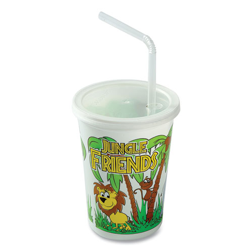 Picture of Kid's Cups with Straws and Lids, 12 oz, Multicolor, Jungle Friends Theme, 250/Carton
