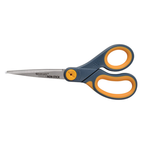 Picture of Non-Stick Titanium Bonded Scissors, 8" Long, 3.25" Cut Length, Gray/Yellow Straight Handles, 3/Pack