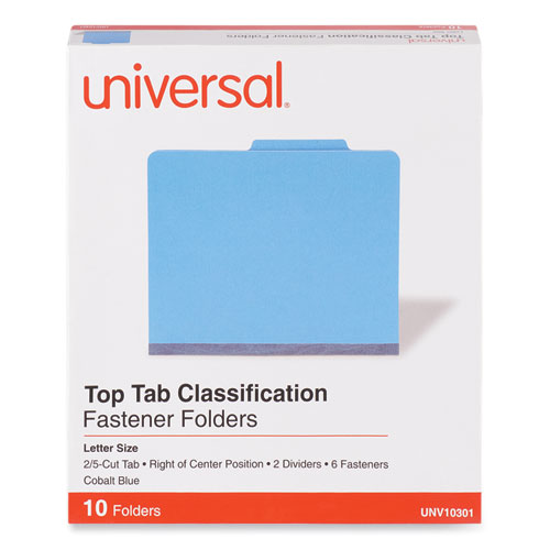 Picture of Bright Colored Pressboard Classification Folders, 2" Expansion, 2 Dividers, 6 Fasteners, Letter Size, Cobalt Blue, 10/Box