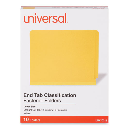 Picture of Deluxe Six-Section Pressboard End Tab Classification Folders, 2 Dividers, 6 Fasteners, Letter Size, Yellow, 10/Box