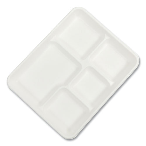 Picture of Bagasse PFAS-Free Food Tray, 5-Compartment, 8.26 x 0.98 x 10.9, White, Bamboo/Sugarcane, 500/Carton