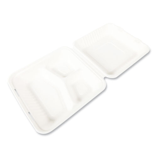 Picture of Bagasse PFAS-Free Food Containers, 3-Compartment, 9 x 3.19 x 9, White, Bamboo/Sugarcane, 200/Carton