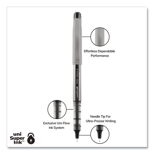 Picture of VISION Needle Roller Ball Pen, Stick, Fine 0.7 mm, Black Ink, Gray/Clear/Black Barrel, Dozen