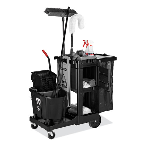 Picture of Executive Janitorial Cleaning Cart, Plastic, 4 Shelves, 1 Bin, 12.1" x 22.4" x 23", Black