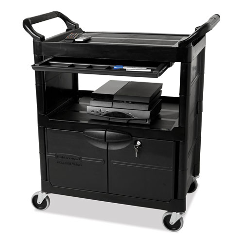 Picture of Utility Cart with Locking Doors, Plastic, 3 Shelves, 200 lb Capacity, 33.63" x 18.63" x 37.75", Black