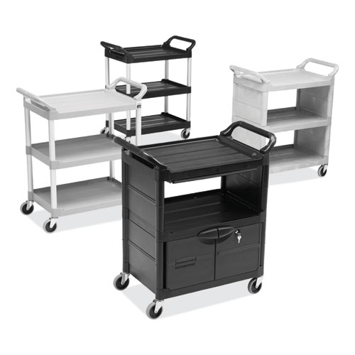 Picture of Utility Cart with Locking Doors, Plastic, 3 Shelves, 200 lb Capacity, 33.63" x 18.63" x 37.75", Black