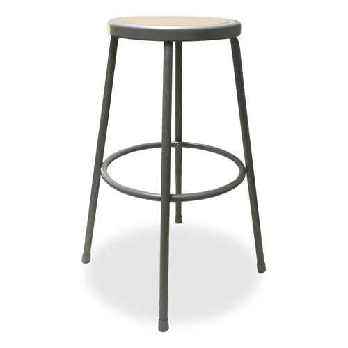 Picture of Industrial Metal Shop Stool, Backless, Supports Up to 300 lb, 30" Seat Height, Brown Seat, Gray Base