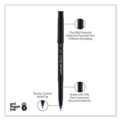 Picture of ONYX Roller Ball Pen, Stick, Extra-Fine 0.5 mm, Blue Ink, Black/Blue Barrel, Dozen