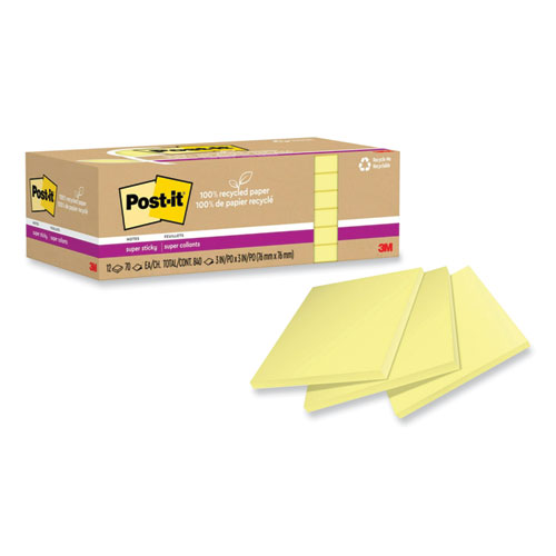 100%25+Recycled+Paper+Super+Sticky+Notes%2C+3%26quot%3B+x+3%26quot%3B%2C+Canary+Yelow%2C+70+Sheets%2FPad%2C+12+Pads%2FPack