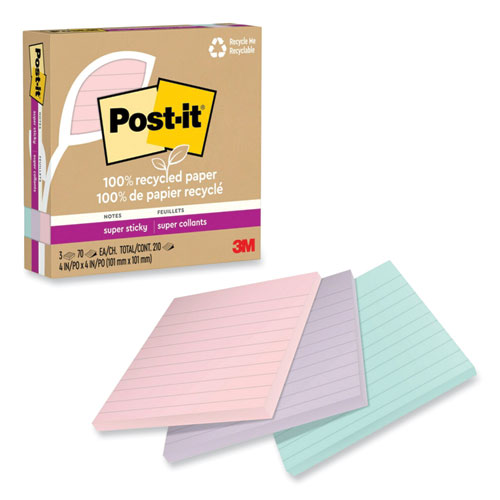 Picture of 100% Recycled Paper Super Sticky Notes, Ruled, 4" x 4", Wanderlust Pastels, 70 Sheets/Pad, 3 Pads/Pack