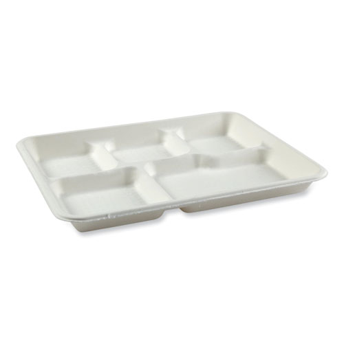 Picture of Bagasse PFAS-Free Food Tray, 5-Compartment, 8.26 x 10.23 x 0.94, White, Bamboo/Sugarcane, 500/Carton