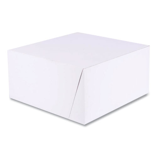 Picture of White One-Piece Non-Window Bakery Boxes, Standard, 10 x 10 x 5, White/Kraft, Paper, 100/Bundle