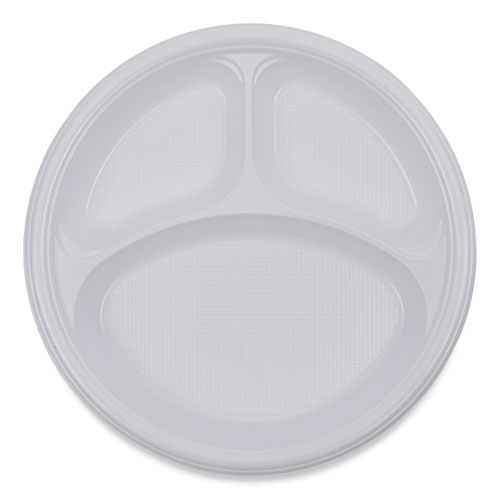 Picture of Hi-Impact Plastic Dinnerware, 3-Compartment Plate, 10" dia, White, 500/Carton