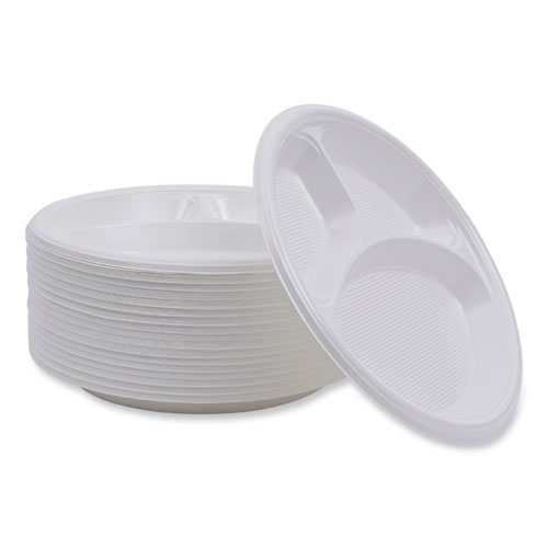 Picture of Hi-Impact Plastic Dinnerware, 3-Compartment Plate, 10" dia, White, 500/Carton