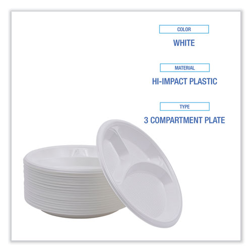 Picture of Hi-Impact Plastic Dinnerware, 3-Compartment Plate, 10" dia, White, 500/Carton