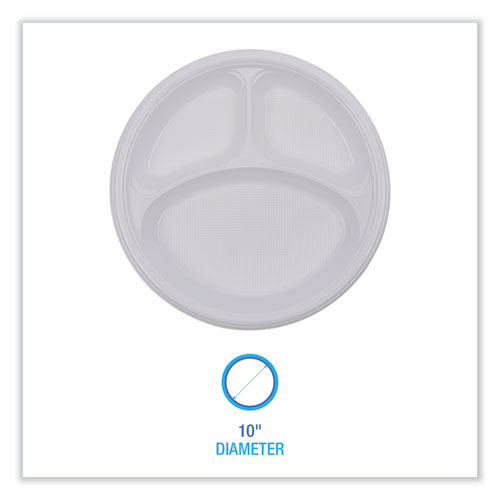 Picture of Hi-Impact Plastic Dinnerware, 3-Compartment Plate, 10" dia, White, 500/Carton