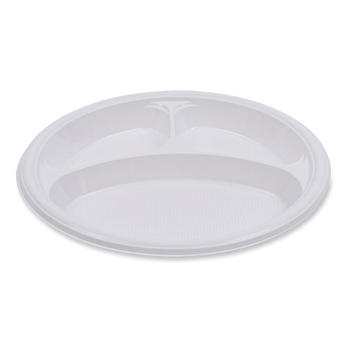 Picture of Hi-Impact Plastic Dinnerware, Plate, 3-Compartment, 10" dia, White, 500/Carton
