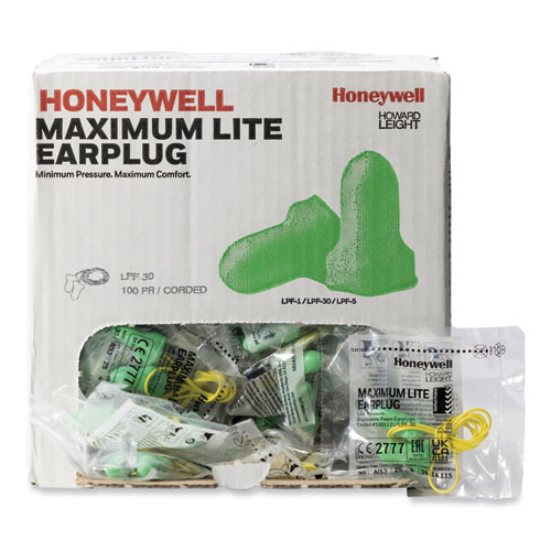 Picture of MAXIMUM Lite Single-Use Earplugs, Corded, 30NRR, Green, 100 Pairs