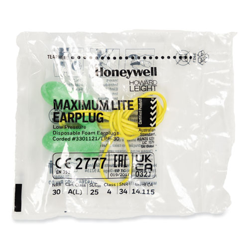 Picture of MAXIMUM Lite Single-Use Earplugs, Corded, 30NRR, Green, 100 Pairs