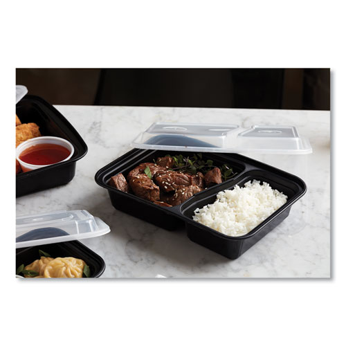 Picture of Newspring VERSAtainer Microwavable Containers, Rectangular, 2-Compartment, 30 oz, 6 x 8.5 x 2.5, Black/Clear, Plastic, 150/CT