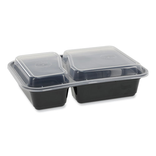 Picture of Newspring VERSAtainer Microwavable Containers, Rectangular, 2-Compartment, 30 oz, 6 x 8.5 x 2.5, Black/Clear, Plastic, 150/CT