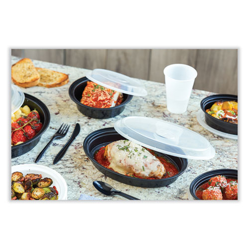 Picture of Newspring VERSAtainer Microwavable Containers, Oval, 24 oz, 9.1 x 6.7 x 1.45, Black/Clear, Plastic, 150/Carton