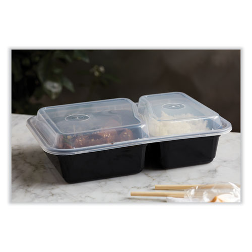 Picture of Newspring VERSAtainer Microwavable Containers, Rectangular, 2-Compartment, 30 oz, 6 x 8.5 x 2.5, Black/Clear, Plastic, 150/CT