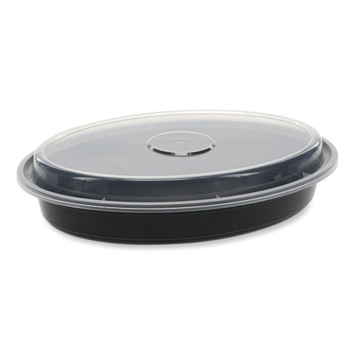 Picture of Newspring VERSAtainer Microwavable Containers, Oval, 24 oz, 9.1 x 6.7 x 1.45, Black/Clear, Plastic, 150/Carton