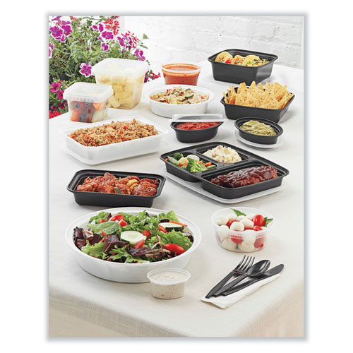 Picture of Newspring VERSAtainer Microwavable Containers, Round, 3-Compartment, 39 oz, 9 x 9 x 2.25, Black/Clear, Plastic, 150/Carton