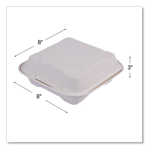 Picture of Molded Fiber Hinged Clamshell Containers, 8 x 8 x 3, White, Sugarcane, 200/Carton