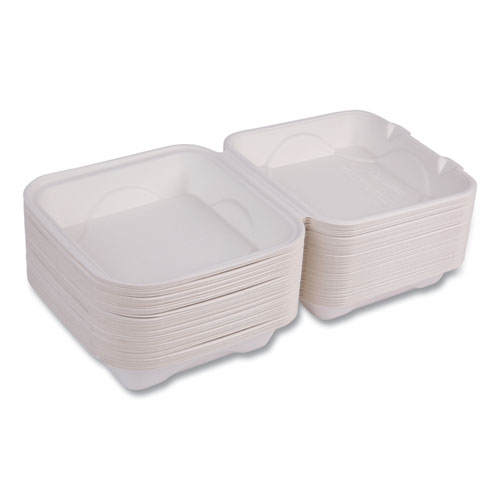 Picture of Molded Fiber Hinged Clamshell Containers, 8 x 8 x 3, White, Sugarcane, 200/Carton