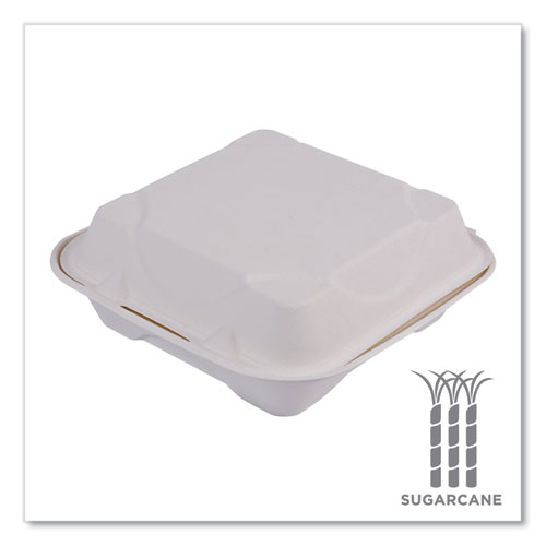 Picture of Molded Fiber Hinged Clamshell Containers, 8 x 8 x 3, White, Sugarcane, 200/Carton