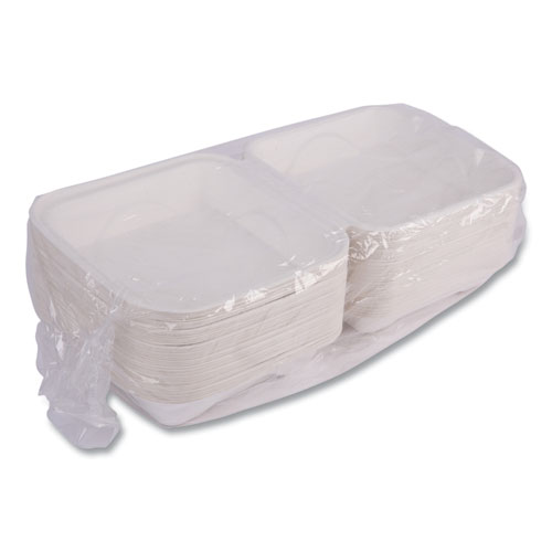 Picture of Molded Fiber Hinged Clamshell Containers, 8 x 8 x 3, White, Sugarcane, 200/Carton