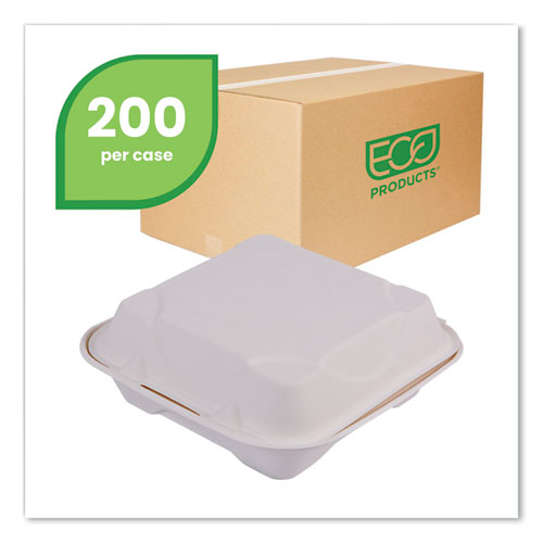 Picture of Molded Fiber Hinged Clamshell Containers, 8 x 8 x 3, White, Sugarcane, 200/Carton