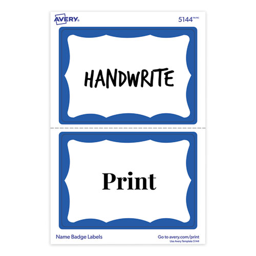 Picture of Printable Adhesive Name Badges, 3.38 x 2.33, Blue Border, 100/Pack