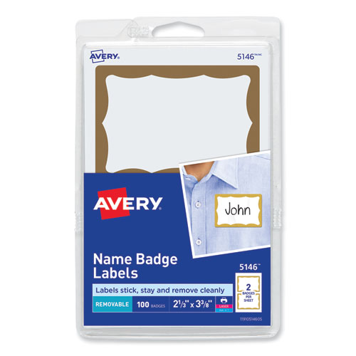 Picture of Printable Adhesive Name Badges, 3.38 x 2.33, Gold Border, 100/Pack