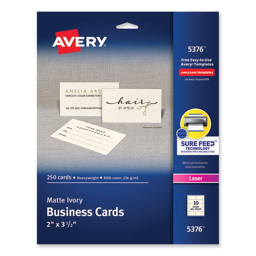 Picture of Printable Microperforated Business Cards w/Sure Feed Technology, Laser, 2 x 3.5, Ivory, 250 Cards, 10/Sheet, 25 Sheets/Pack