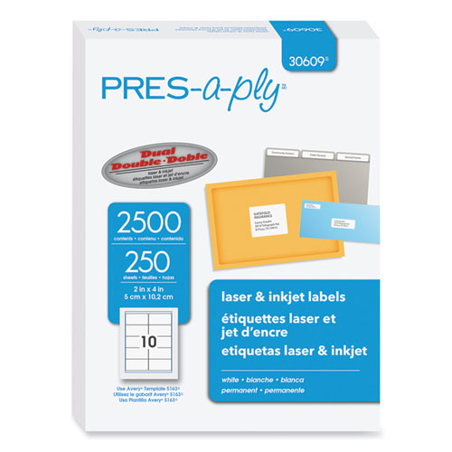 Picture of Labels, Laser Printers, 2 x 4, White, 10/Sheet, 250 Sheets/Box