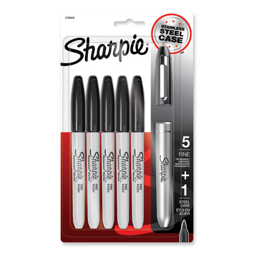 Picture of Fine Tip Permanent Marker, Stainless Steel Single Marker Case, Fine Bullet Tip, Black, 5/Pack