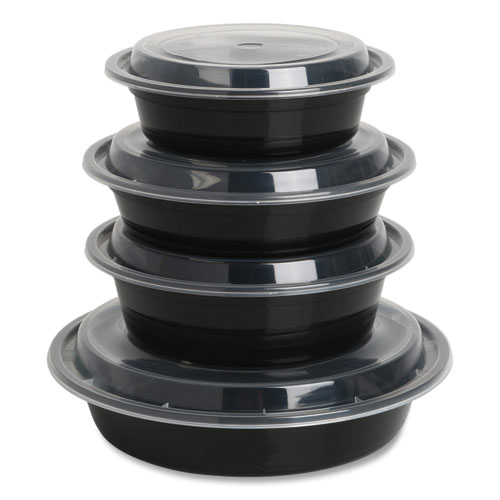 Picture of Microwavable Food Container with Lid, Round, 32 oz, 7.28 x 7.28 x 2.55, Black/Clear, Plastic, 150/Carton