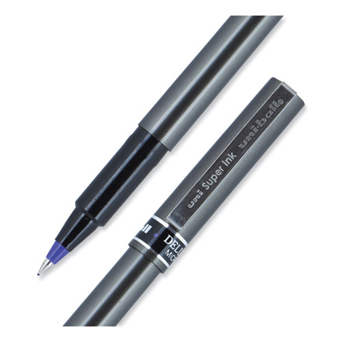 Picture of Deluxe Roller Ball Pen, Stick, Extra-Fine 0.5 mm, Blue Ink, Metallic Gray/Black/Blue Barrel, Dozen