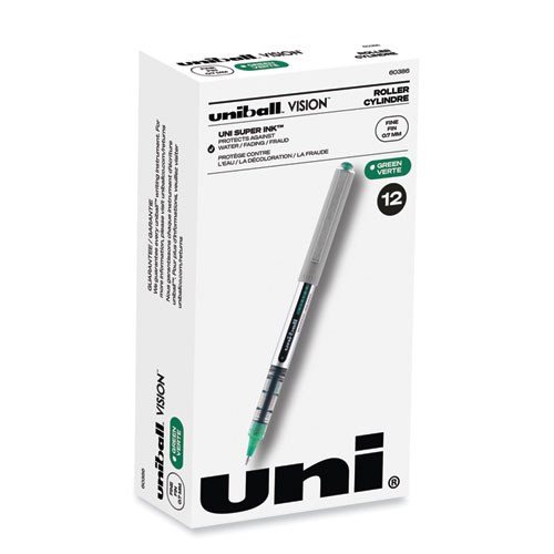 VISION+Roller+Ball+Pen%2C+Stick%2C+Fine+0.7+mm%2C+Green+Ink%2C+Silver%2FGreen%2FClear+Barrel%2C+Dozen