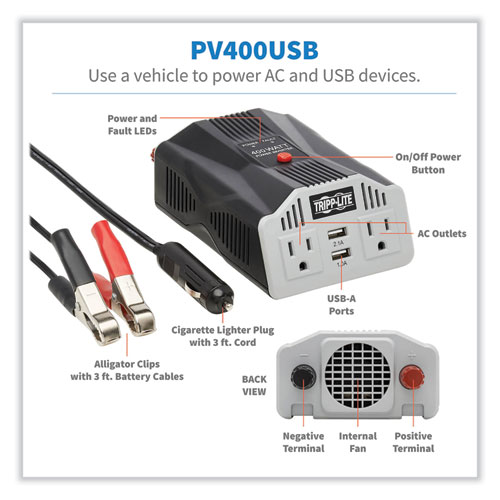 Picture of PowerVerter Ultra-Compact Car Inverter, 400 W, Two AC Outlets/Two USB Ports, 3.1 A