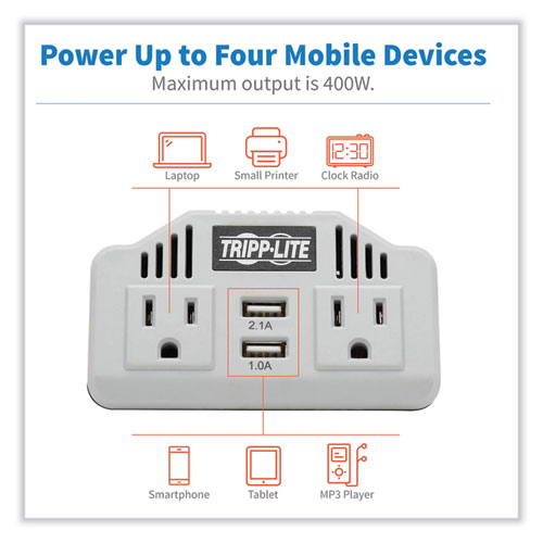 Picture of PowerVerter Ultra-Compact Car Inverter, 400 W, Two AC Outlets/Two USB Ports, 3.1 A