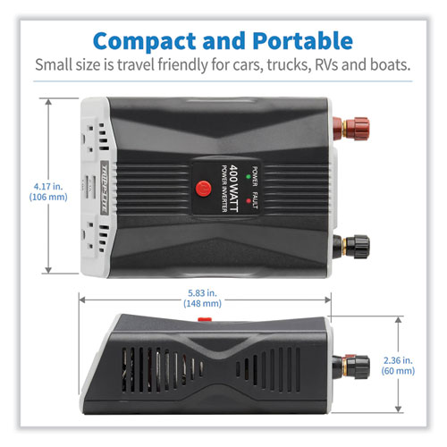 Picture of PowerVerter Ultra-Compact Car Inverter, 400 W, Two AC Outlets/Two USB Ports, 3.1 A