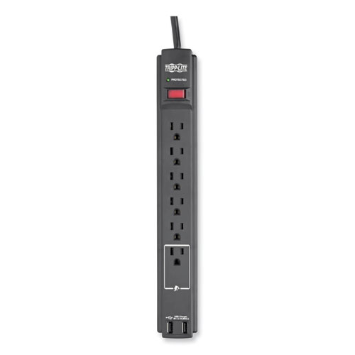 Picture of Protect It! Surge Protector, 6 AC Outlets/2 USB Ports, 6 ft Cord, 990 J, Black