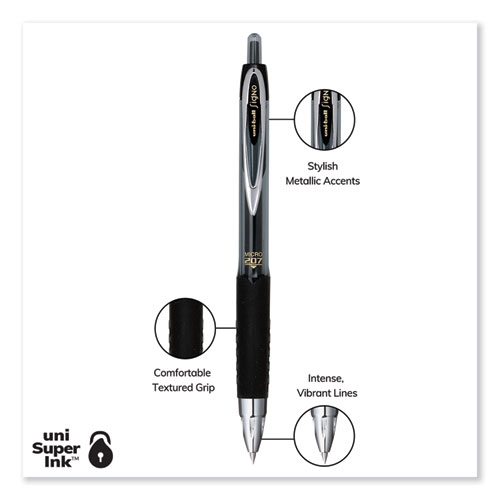 Picture of Signo 207 Gel Pen, Retractable, Fine 0.5 mm, Black Ink, Smoke/Black Barrel, Dozen