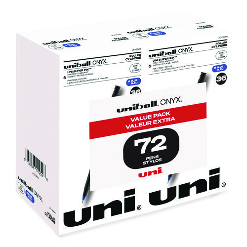 Picture of ONYX Roller Ball Pen, Stick, Fine 0.7 mm, Blue Ink, Black/Blue Barrel, 72/Pack