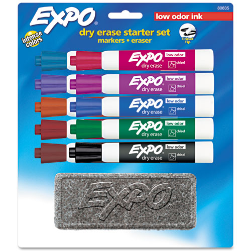 Picture of Low-Odor, Dry Erase 10-Color Marker and Eraser Set, Broad Chisel Tip, Assorted Colors, 10/Set